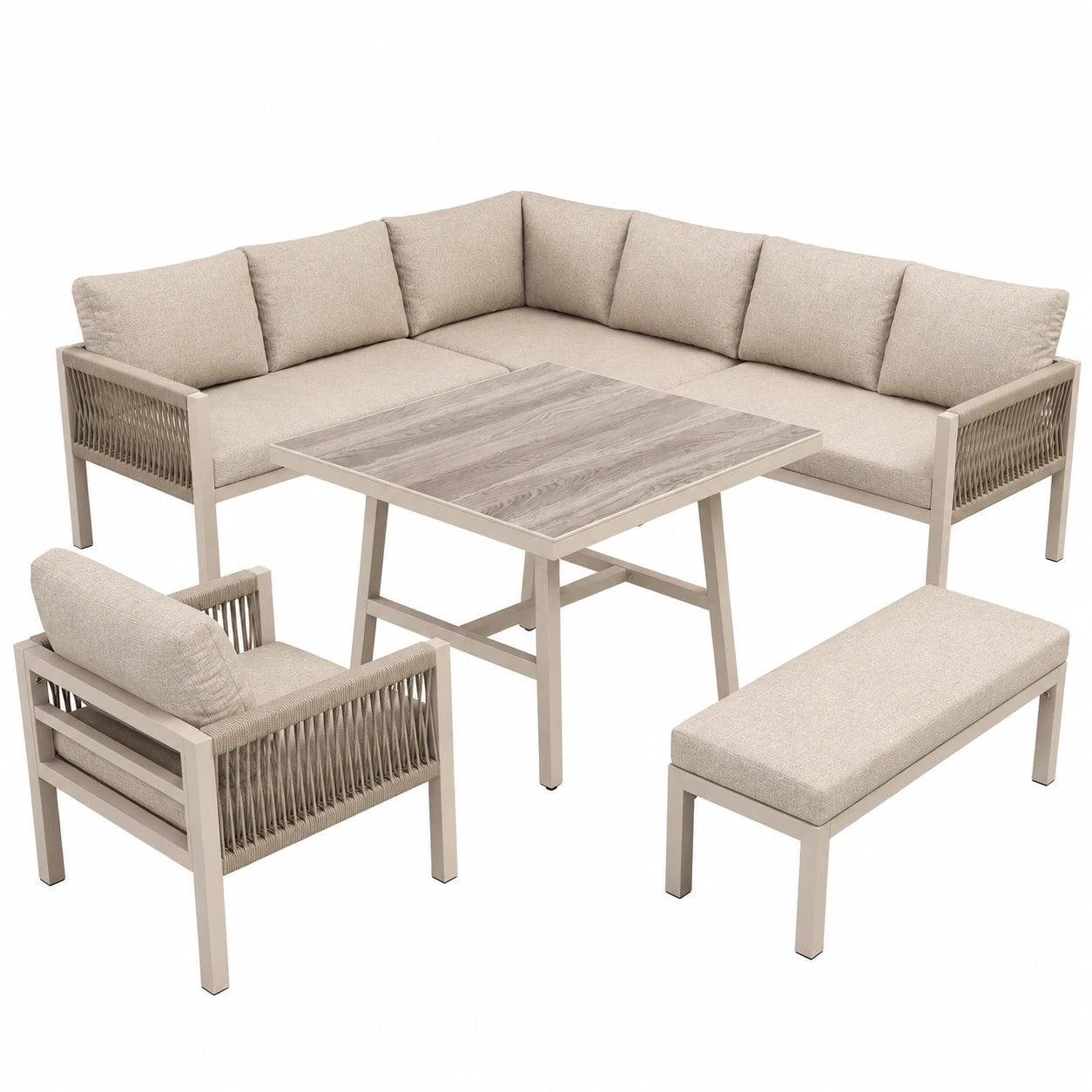 Luxus Gartenmöbel-Set für 6-8 Personen, Wetterfestes Lounge-Set mit Tisch und Sesseln, Handgefertigt mit Robustem Eisengestell und Marmor-Glasplatte, Beige